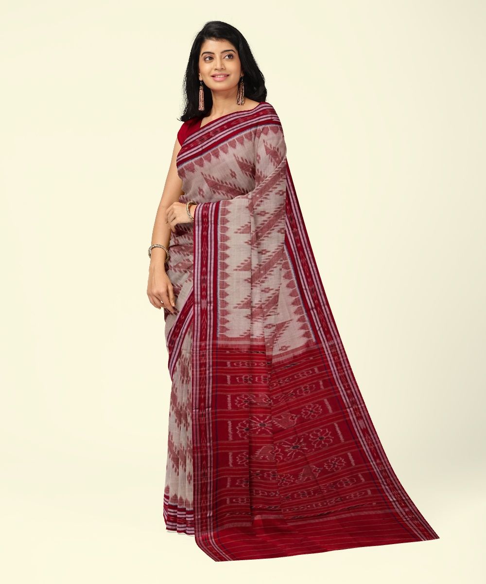 Beige Red Sambalpuri Handwoven Single Ikat Cotton Saree SFCSAR2209