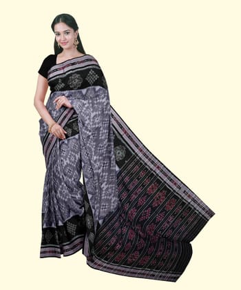 Gray Black Sambalpuri Handwoven Single Ikat Cotton Saree SFCSAR2210