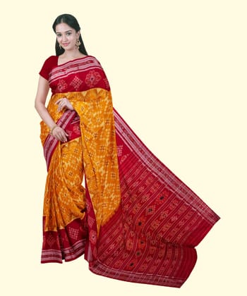 Yellow Red Sambalpuri Handwoven Single Ikat Cotton Saree SFCSAR2212