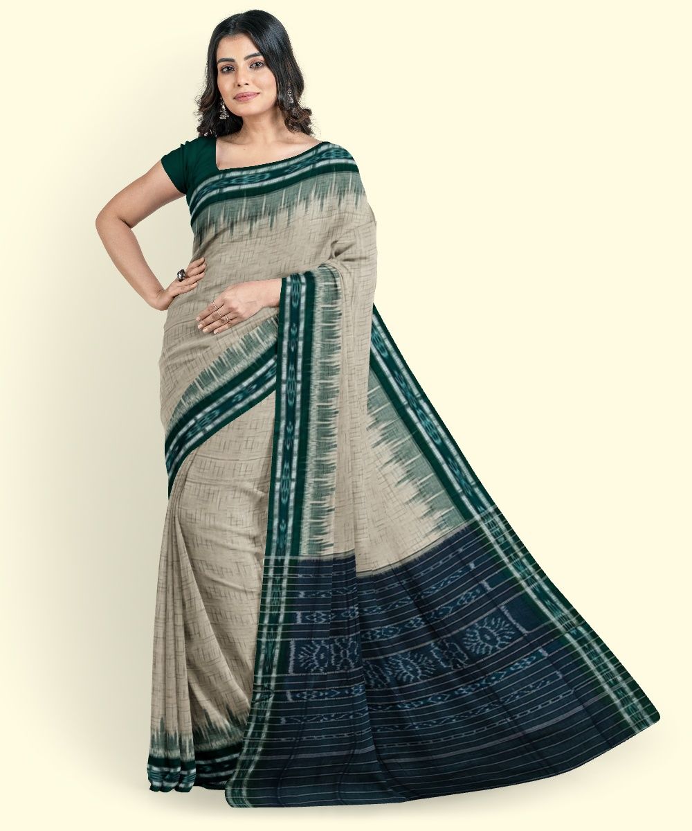 Offwhite Green Sambalpuri Handwoven Single Ikat Cotton Saree SFCSAR2216