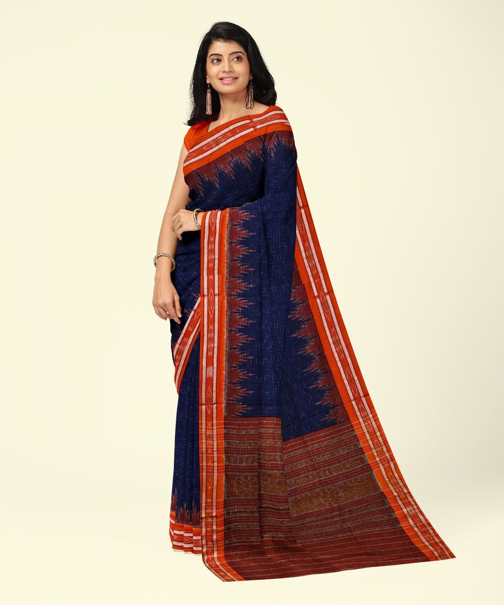 Blue Orange Sambalpuri Handwoven Single Ikat Cotton Saree SFCSAR2217