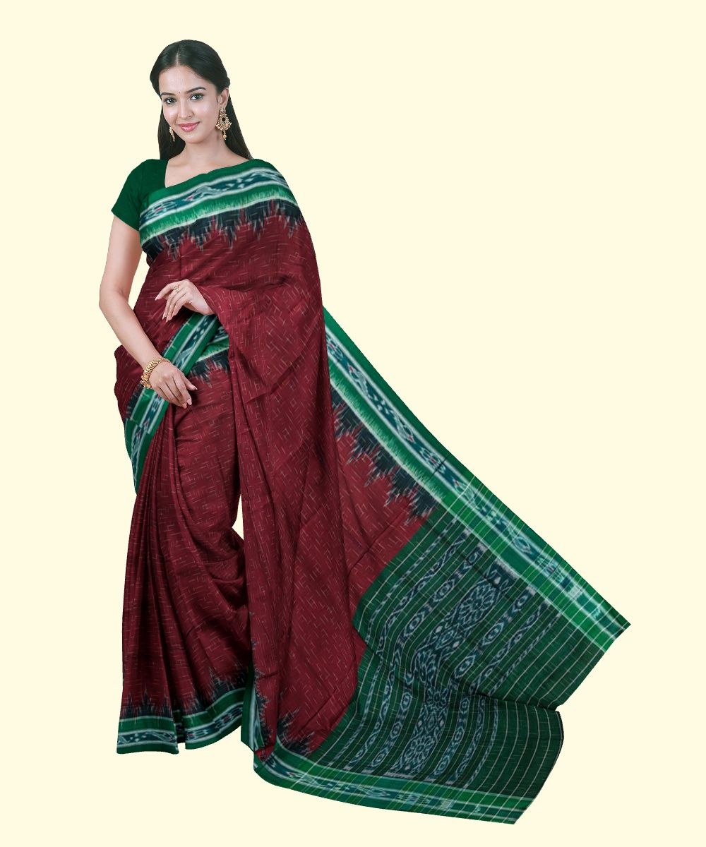 Maroon Green Sambalpuri Handwoven Single Ikat Cotton Saree SFCSAR2220