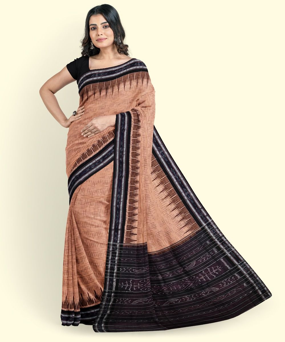Beige Black Sambalpuri Handwoven Single Ikat Cotton Saree SFCSAR2221