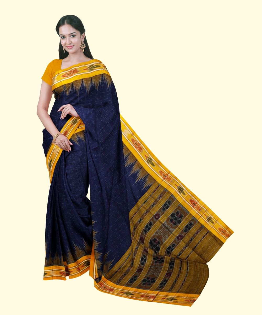 Blue Yellow Sambalpuri Handwoven Single Ikat Cotton Saree SFCSAR2222