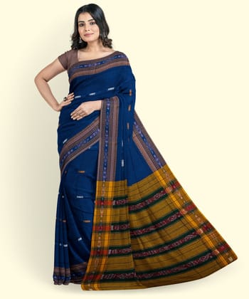 Blue Yellow Sambalpuri Handwoven Single Ikat Cotton Saree SFCSAR2223