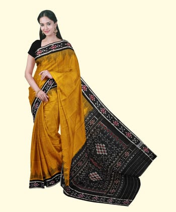 Yellow Black Sambalpuri Handwoven Single Ikat Cotton Saree SFCSAR2231