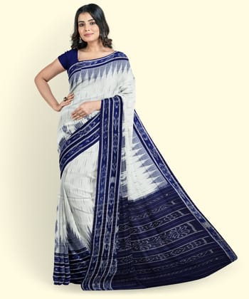 White Blue Sambalpuri Handwoven Single Ikat Cotton Saree SFCSAR2234