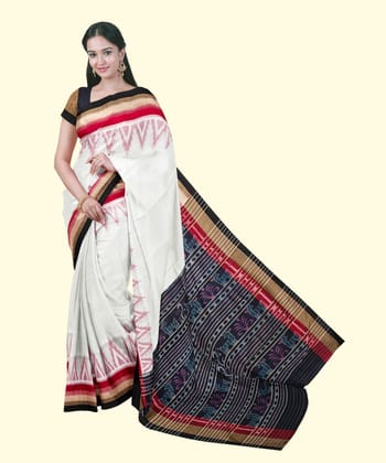 White Black Sambalpuri Handwoven Single Ikat Cotton Saree SFCSAR2235