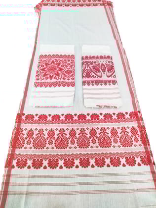 Assamese Traditional Gamosa Set – White with Red Woven Motifs