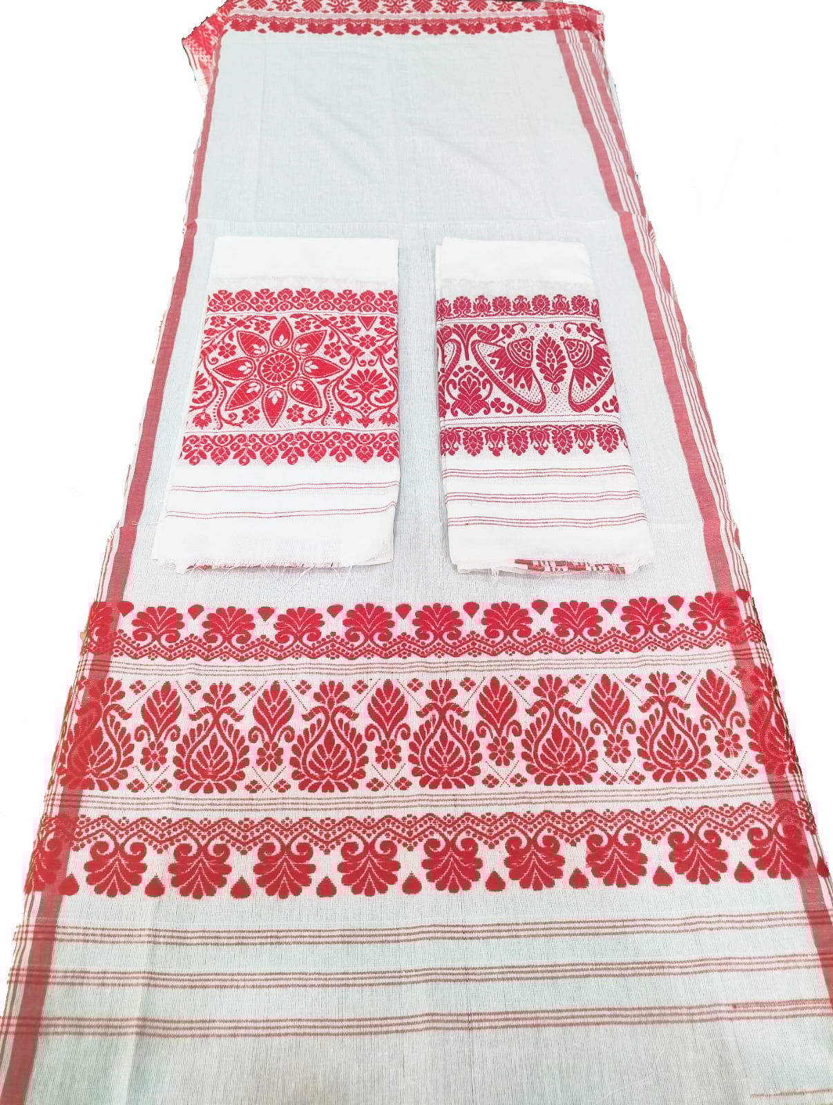 Assamese Traditional Gamosa Set – White with Red Woven Motifs