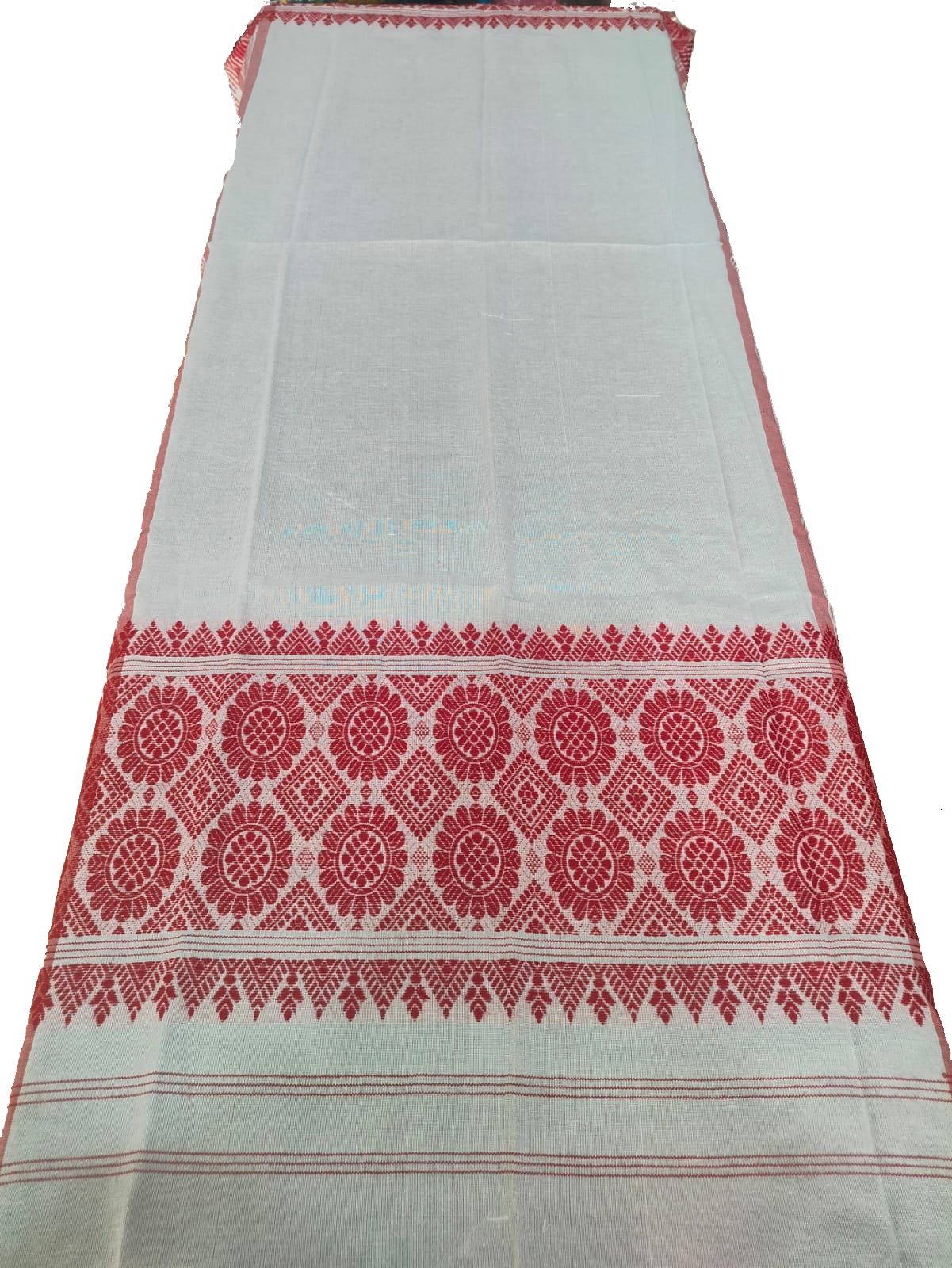 Assamese Traditional Gamosa Set – White with Red Woven Motifs