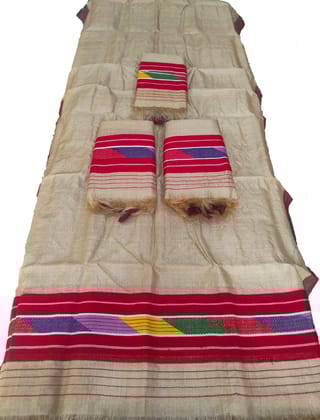 Assamese Traditional Cotton Sador Mekhela Set – Natural Beige with Multicolour Woven Border
