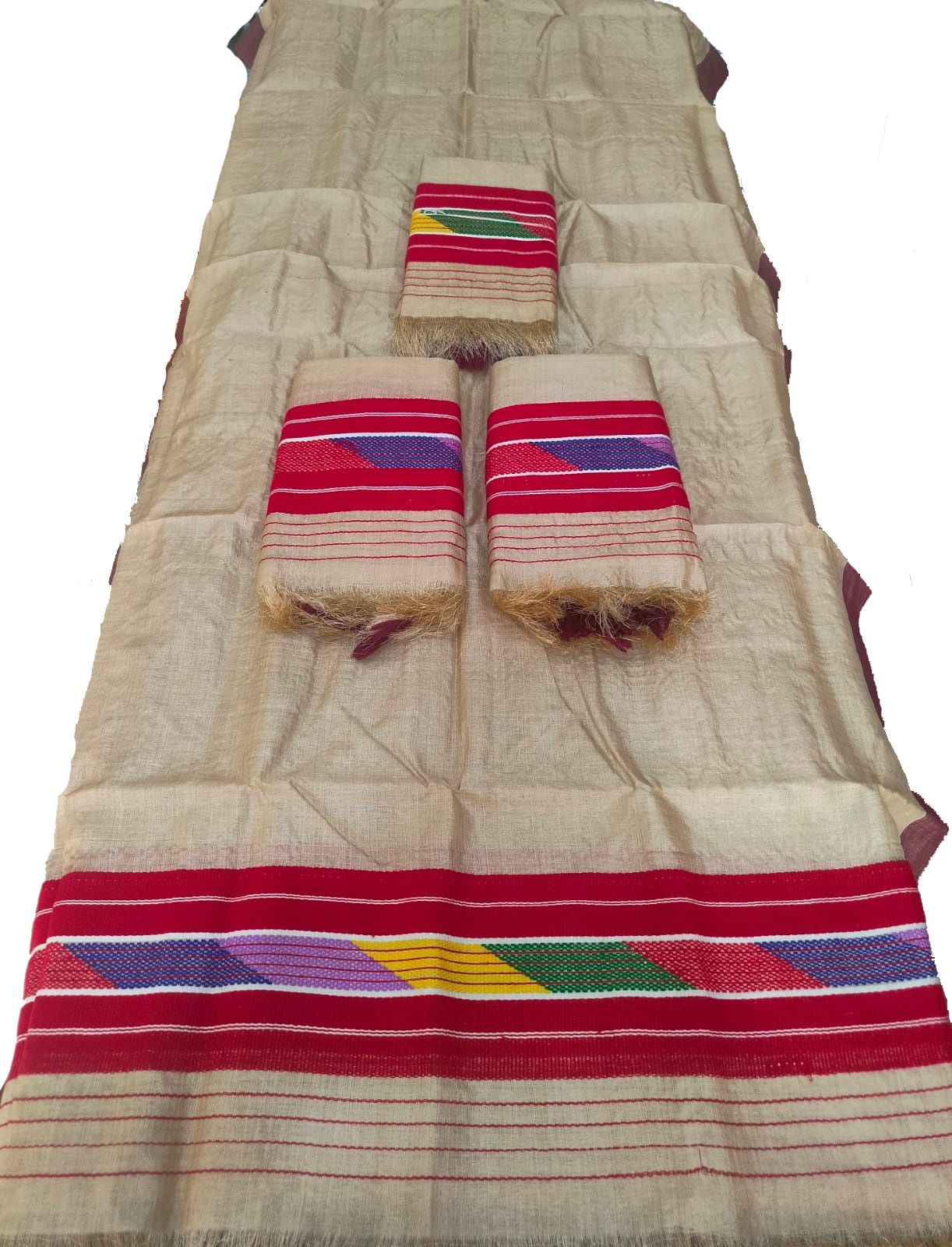 Assamese Traditional Cotton Sador Mekhela Set – Natural Beige with Multicolour Woven Border