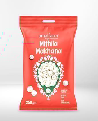Amalfarm Mithila Makhana | Premium Foxnuts/Lotus Seeds | GI-Tag Superfood | 100% Natural, Naturally gluten-free & Oil-Free Roasted Snack | High Protein | Ideal for Fasting & Healthy Munching | 250g