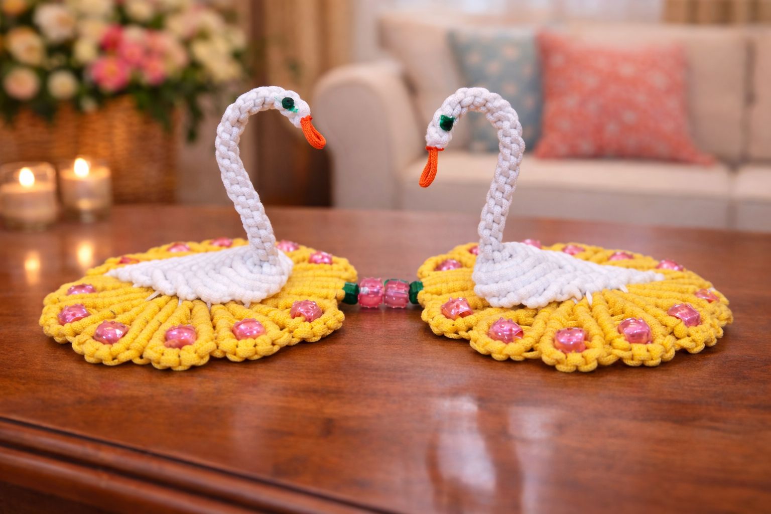 Handmade Macrame Swan Coasters Set - Decorative Table Mats