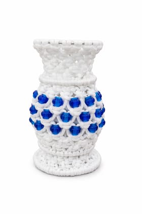 Handcrafted White Macrame Flower Vase with Blue Beads for Home Decor