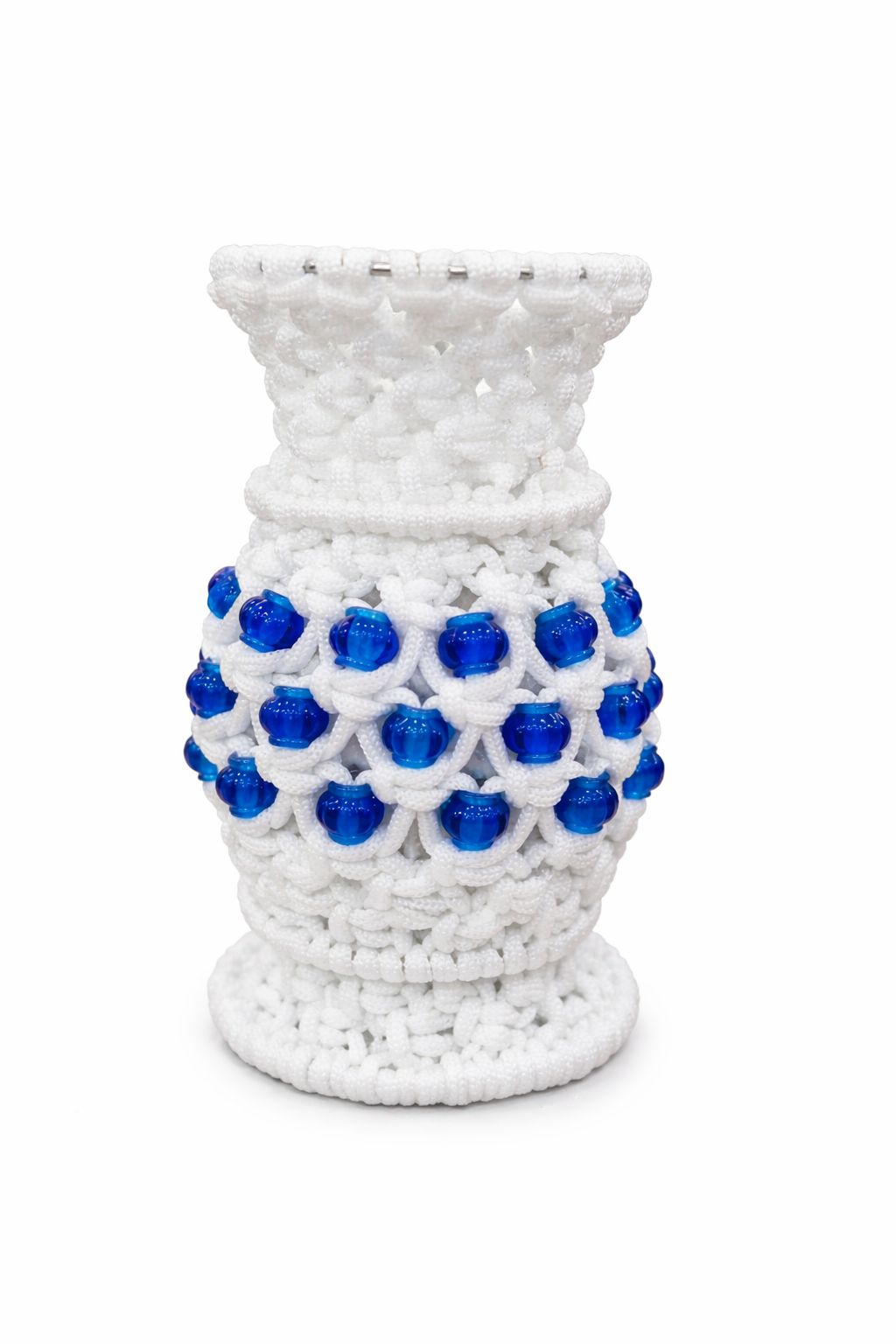 Handcrafted White Macrame Flower Vase with Blue Beads for Home Decor