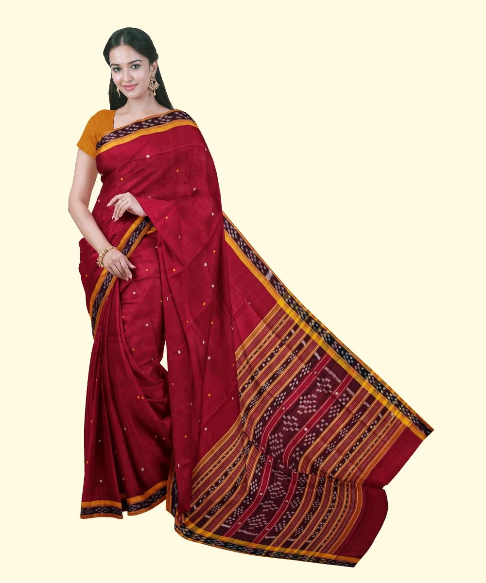 Maroon Yellow Sambalpuri Handwoven Single Ikat Cotton Saree SFCSAR2237