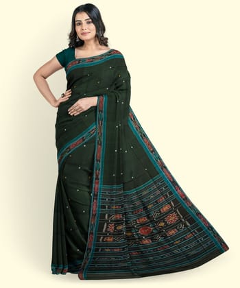 Green Blue Sambalpuri Handwoven Single Ikat Cotton Saree SFCSAR2240