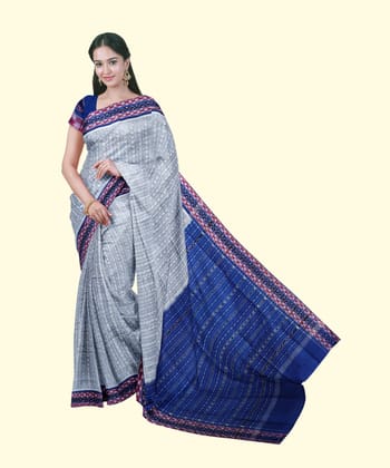 Gray Blue Sambalpuri Handwoven Single Ikat Cotton Saree SFCSAR2251