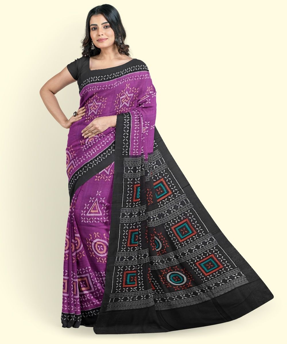 Purple Black Sambalpuri Handwoven Single Ikat Cotton Saree SFCSAR2252
