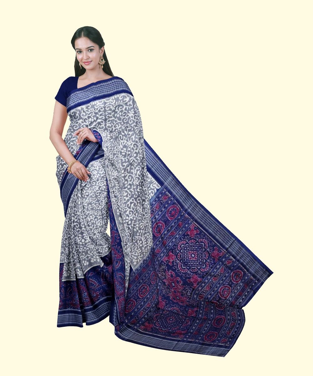 Gray Blue Sambalpuri Handwoven Single Ikat Cotton Saree SFCSAR2253