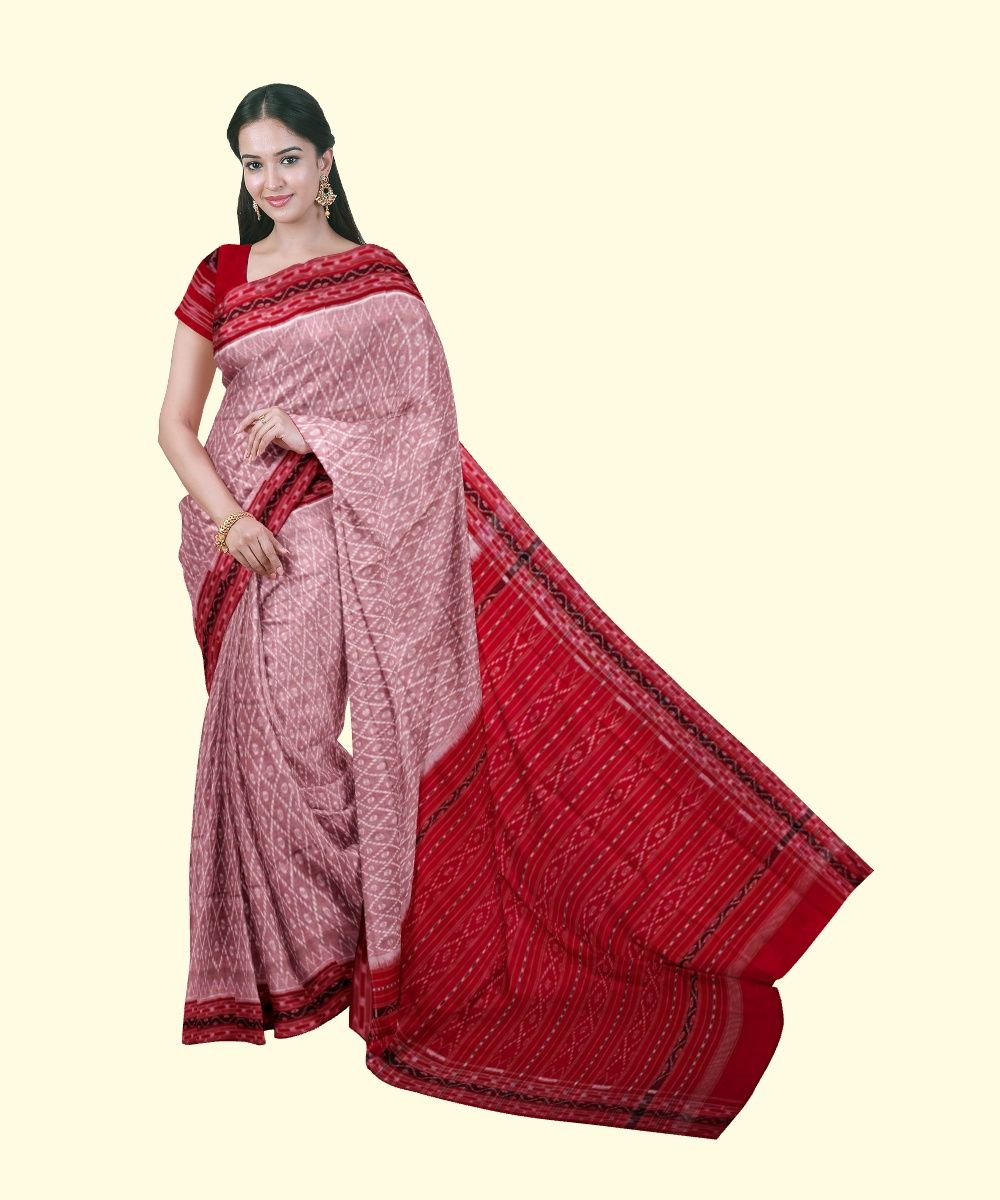 Gray Red Sambalpuri Handwoven Single Ikat Cotton Saree SFCSAR2255