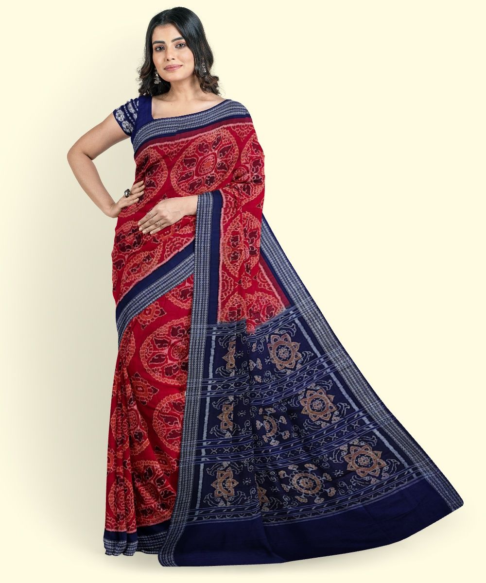 Red Blue Sambalpuri Handwoven Single Ikat Cotton Saree SFCSAR2258