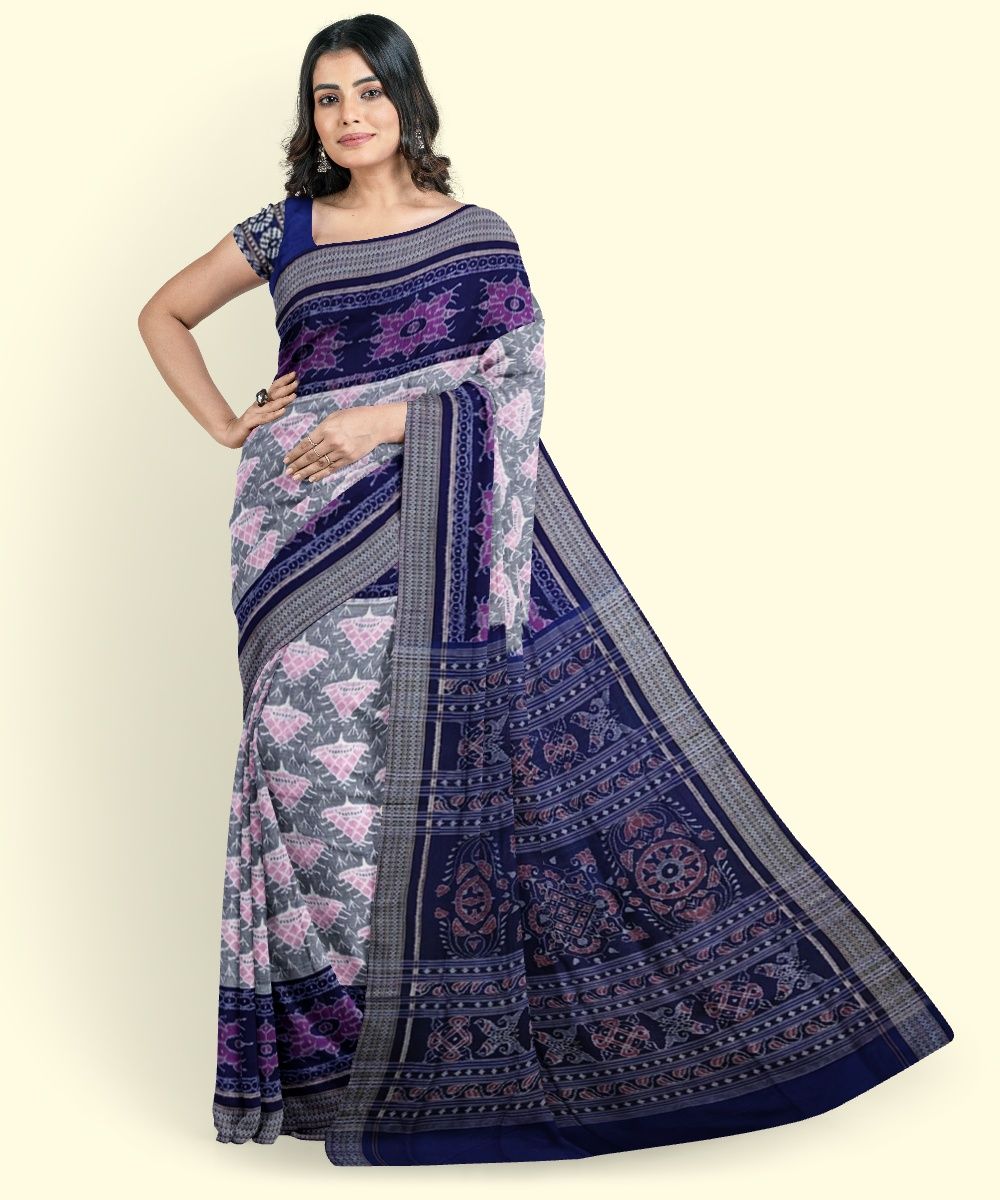 Gray Blue Sambalpuri Handwoven Single Ikat Cotton Saree SFCSAR2260