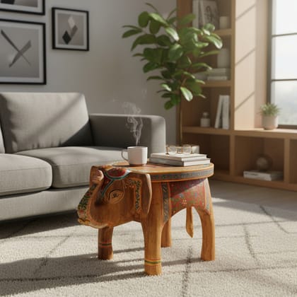 Elephant Hand-Painted Round Wood Coffee Table