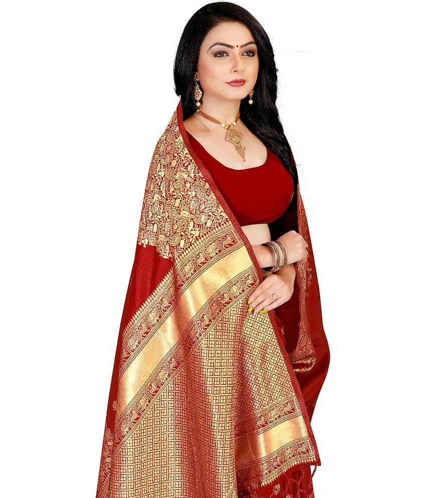 NENCY FASH Banarasi Silk Self Design Saree With Unstitched Blouse Piece ( Red )