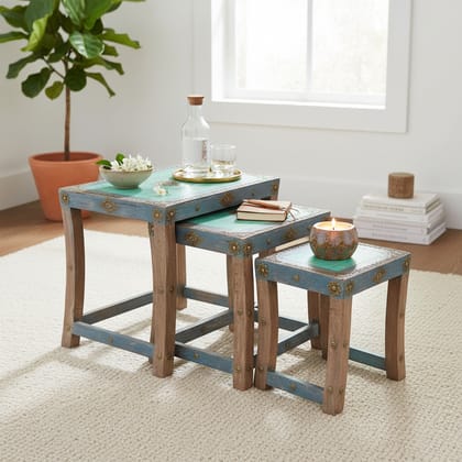 Indian Handmade Distressed Living Room Stool Set of 3