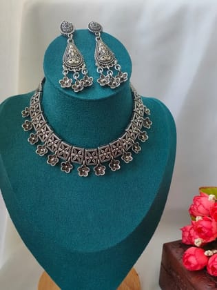 Oxidised Antique Silver Floral Tribal Necklace And Choker Set for Women
