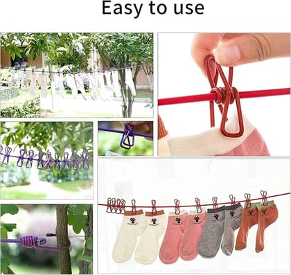 Cloth Line Clip Dori with Hooks | Stretchable Travel Clothes Drying Rope with 12 Clips | Durable Portable Laundry Line for Home, Camping & Outdoor Use
