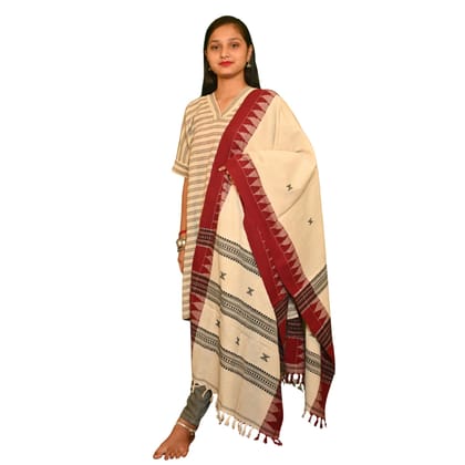 Authentic Kotpad Handwoven Cotton Dupatta – Off-White with Maroon Border & Tribal Motifs | Natural Dye | Koraput Odisha