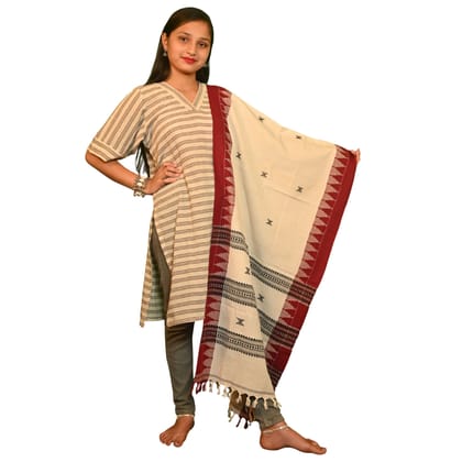 Authentic Kotpad Handwoven Cotton Dupatta – Off-White with Maroon Border & Tribal Motifs | Natural Dye | Koraput Odisha