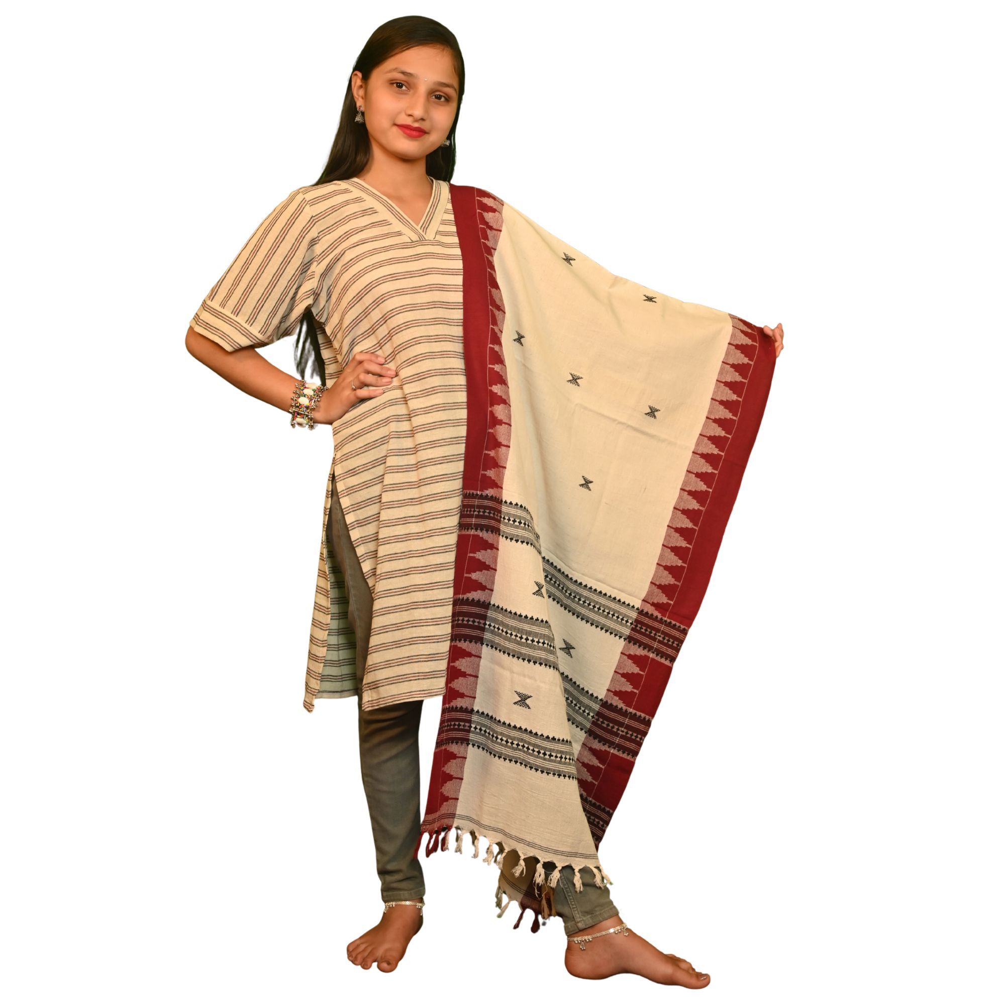 Authentic Kotpad Handwoven Cotton Dupatta – Off-White with Maroon Border & Tribal Motifs | Natural Dye | Koraput Odisha