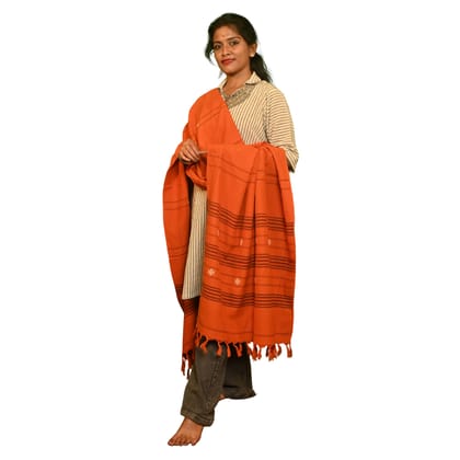 Authentic Kotpad Cotton Dupatta – Burnt Orange with Tribal Motifs & Woven Stripes | Handwoven Koraput Odisha