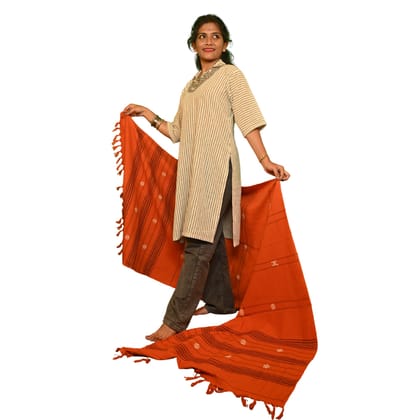 Authentic Kotpad Cotton Dupatta – Burnt Orange with Tribal Motifs & Woven Stripes | Handwoven Koraput Odisha