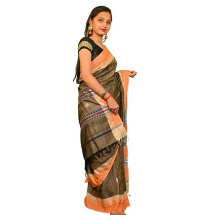 Authentic Kotpad Traditional Tussar Silk Saree – Deep Maroon with Black Tribal Motifs & Striped Woven Pallu | Handwoven by Koraput Tribal Artisans