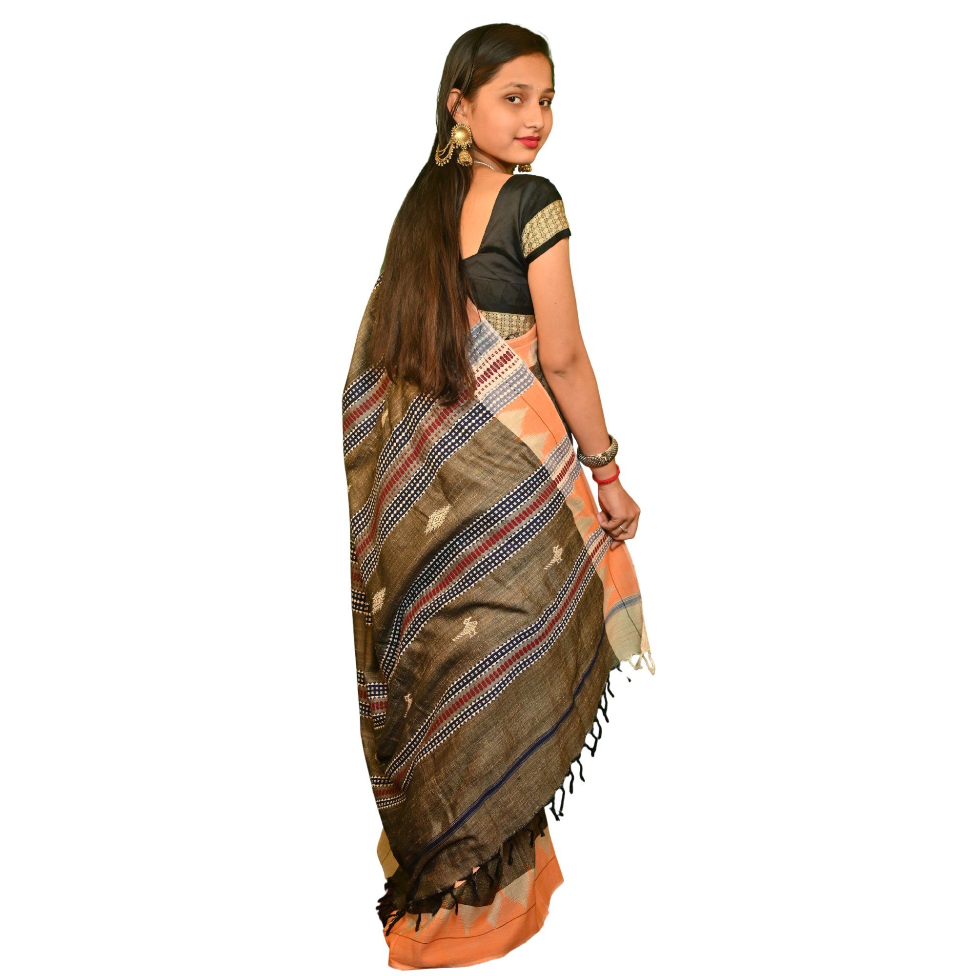 Authentic Kotpad Traditional Tussar Silk Saree – Deep Maroon with Black Tribal Motifs & Striped Woven Pallu | Handwoven by Koraput Tribal Artisans