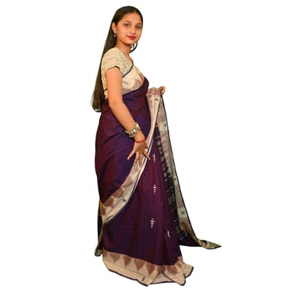 Authentic Kotpad Traditional Cotton Saree – Deep Blue with Tribal Accents & Woven Striped Pallu | Handwoven by Koraput Tribal Artisans