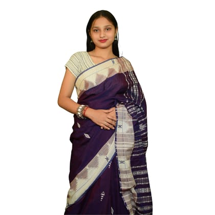 Authentic Kotpad Traditional Cotton Saree – Deep Blue with Tribal Accents & Woven Striped Pallu | Handwoven by Koraput Tribal Artisans
