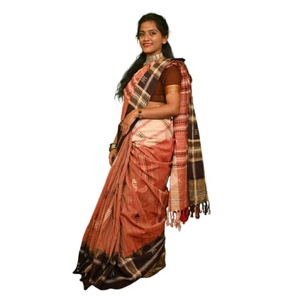 Authentic Kotpad Traditional Tussar Silk Saree – Warm Rust with Ivory Tribal Motifs & Woven Striped Pallu | Handwoven by Koraput Tribal Artisans