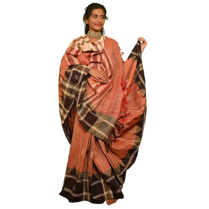 Authentic Kotpad Traditional Tussar Silk Saree – Warm Rust with Ivory Tribal Motifs & Woven Striped Pallu | Handwoven by Koraput Tribal Artisans