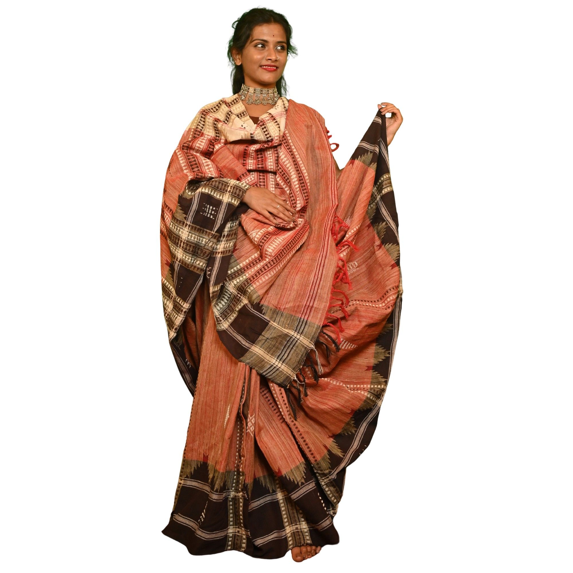 Authentic Kotpad Traditional Tussar Silk Saree – Warm Rust with Ivory Tribal Motifs & Woven Striped Pallu | Handwoven by Koraput Tribal Artisans