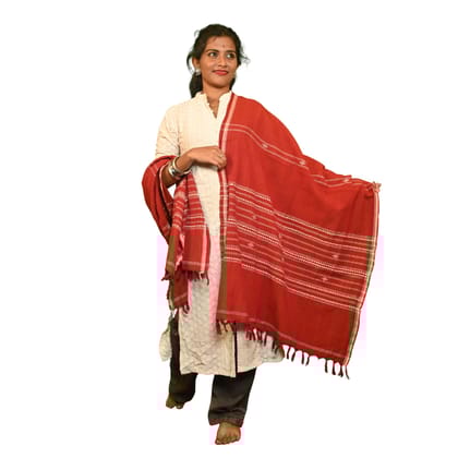 Kotpad Handwoven Cotton Dupatta – Deep Red with Tribal Stripes | Natural Dye