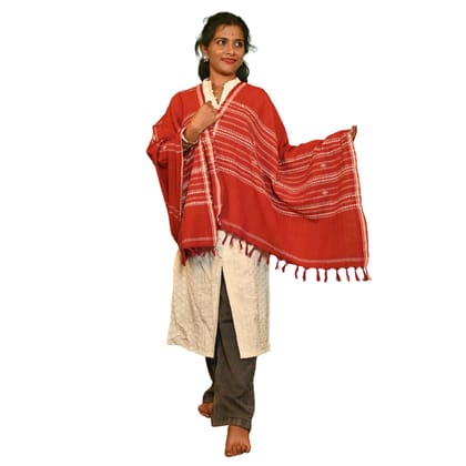Kotpad Handwoven Cotton Dupatta – Deep Red with Tribal Stripes | Natural Dye