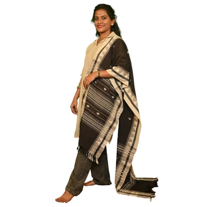 Authentic Kotpad Cotton Dupatta – Brown & Beige Tribal Motifs | Handwoven Odisha