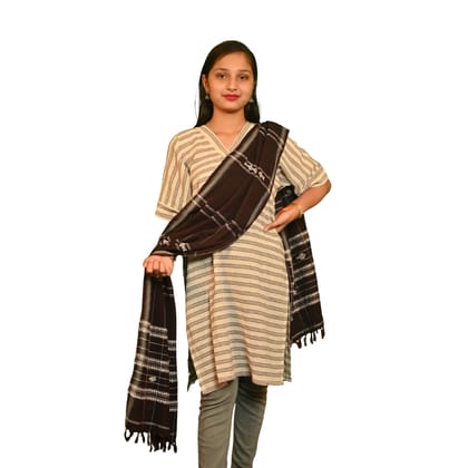 Authentic Kotpad Handwoven Cotton Dupatta – Deep Brown with White Tribal Checks & Motifs | Crafted by Koraput Tribal Artisans